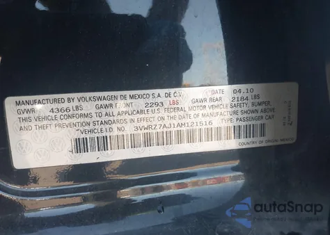 2010 Volkswagen Jetta Limited Edition from USA, damaged, VIN 3VWRZ7AJ1AM121516